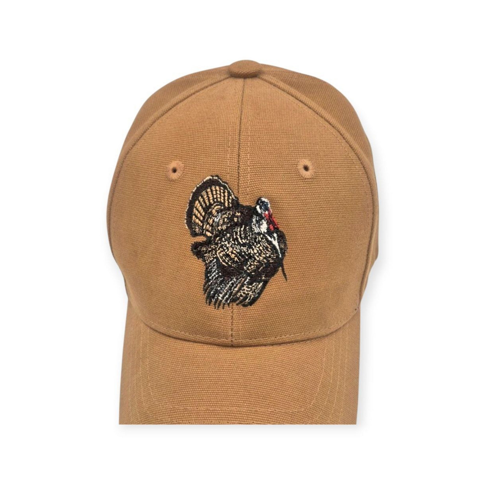 Brown cotton canvas hat with embroidered wild turkey – front view