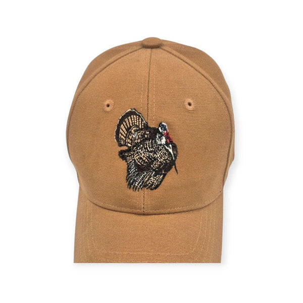 Brown cotton canvas hat with embroidered wild turkey – front view