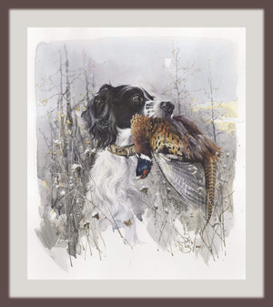 "English Setter with Pheasant. Winter morning."