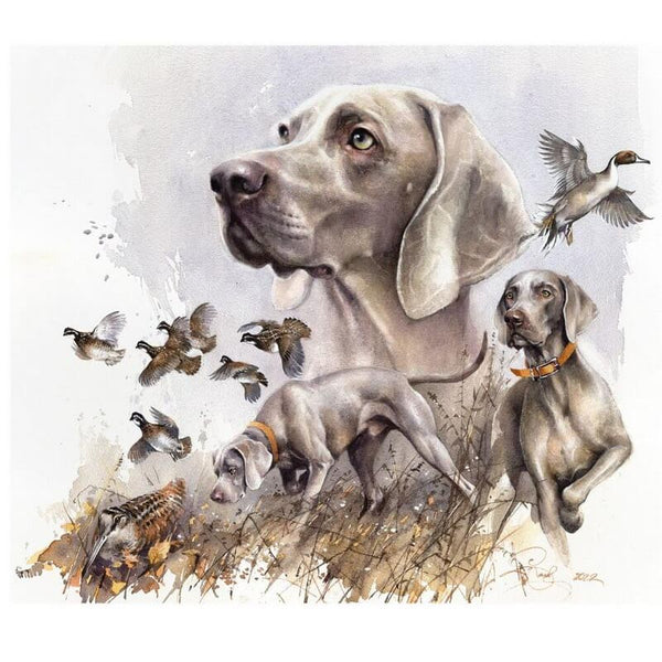 "Woodcock, Quail, Duck and Weimaraner"