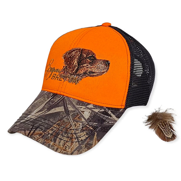 Hunter's cap "Epagneul Breton" orange camo (black and brown dog)