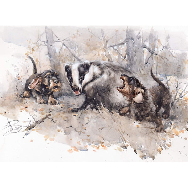 "The Encounter. Wirehaired Dachshunds & European Badger"