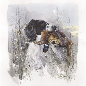 "English setter with pheasant. Winter morning."