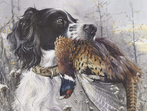 "English setter with pheasant. Winter morning."
