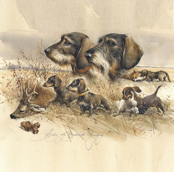 Author's print "Hunting with Dachshunds in Hazelglade"