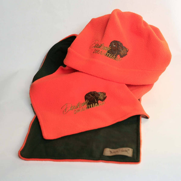 Fleece hunting hat and scarf "German Wirehaired Pointer (Deutsch Drahthaar)" luminescent orange
